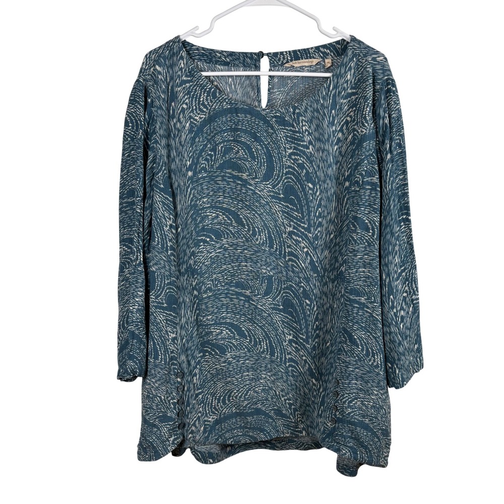 Soft Surroundings Top Women's 2X Teal Blue Abstract Boho Coastal Lagenlook Artsy
